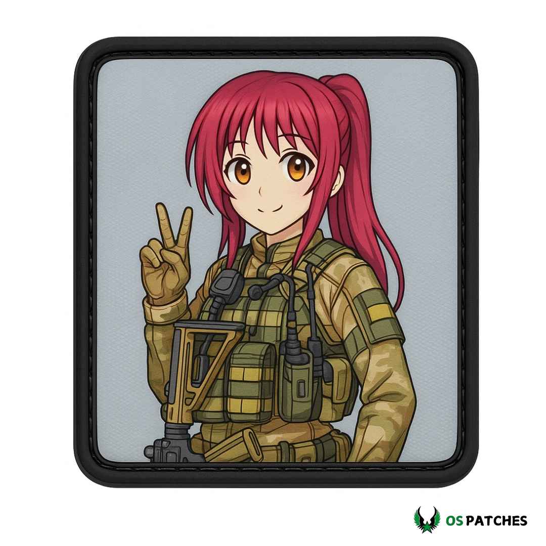 Chica anime soldado con uniforme militar y chaleco táctico saludando con victoria