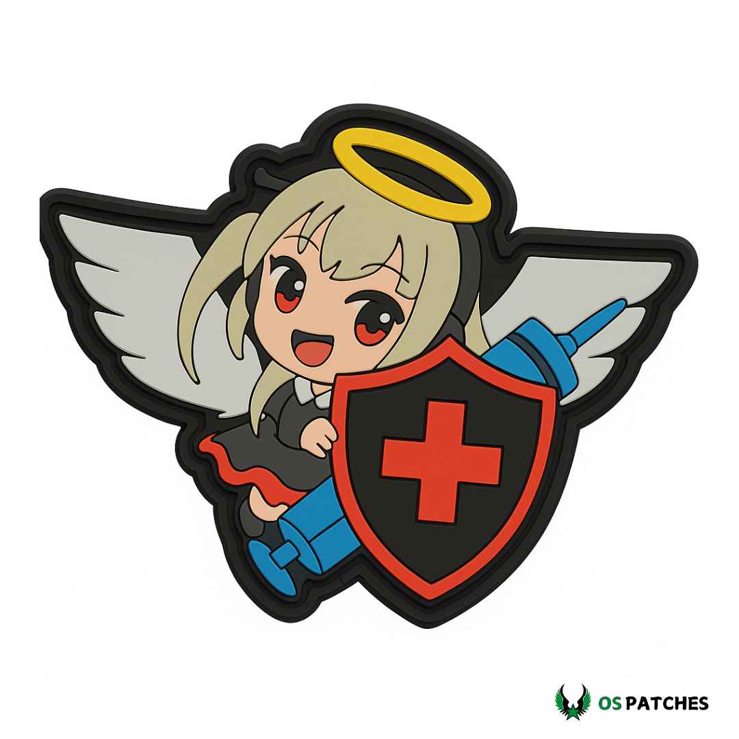 Ángel anime con alas sosteniendo jeringa y escudo médico con cruz roja