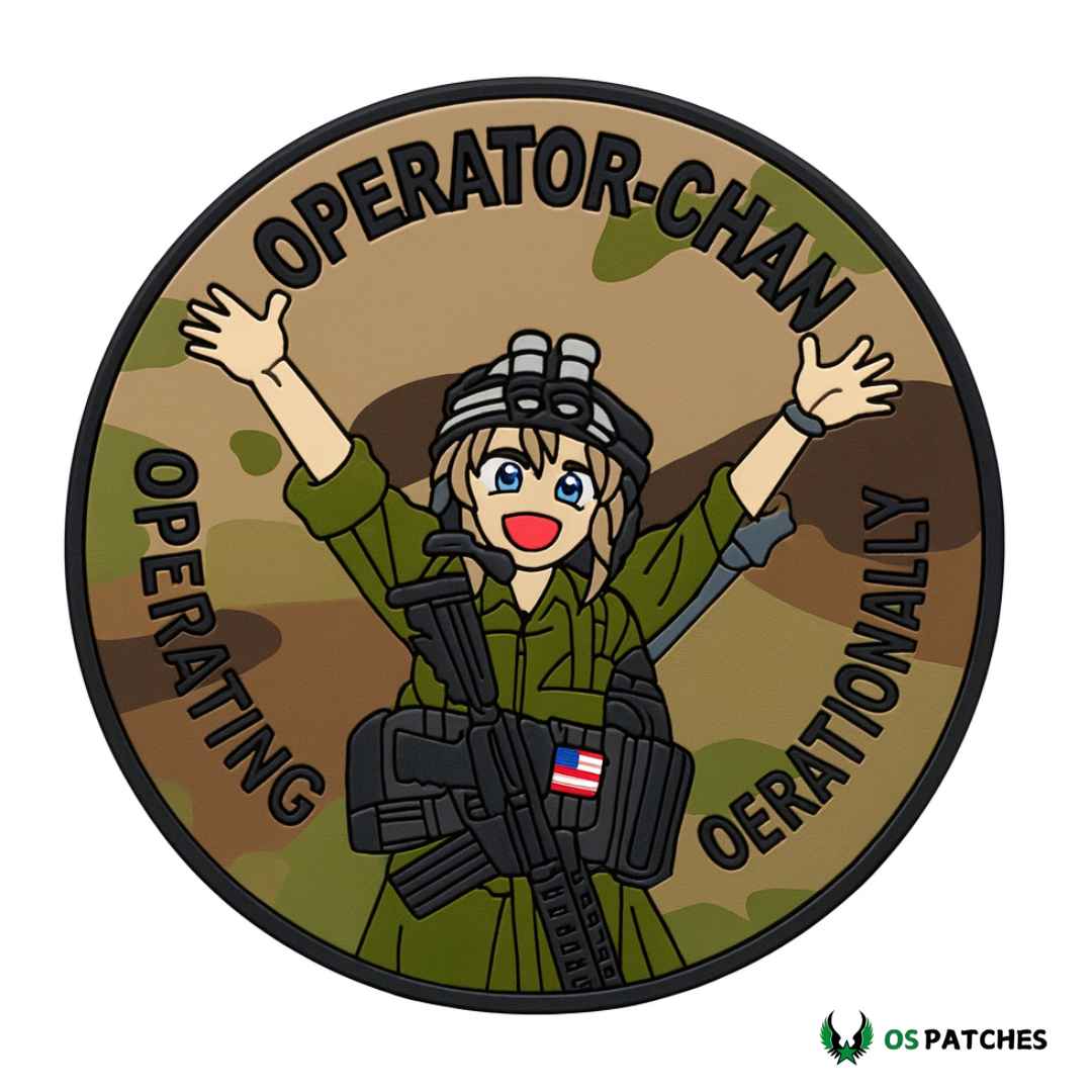 Parche PVC Operator-Chan anime militar con uniforme verde y armas tácticas