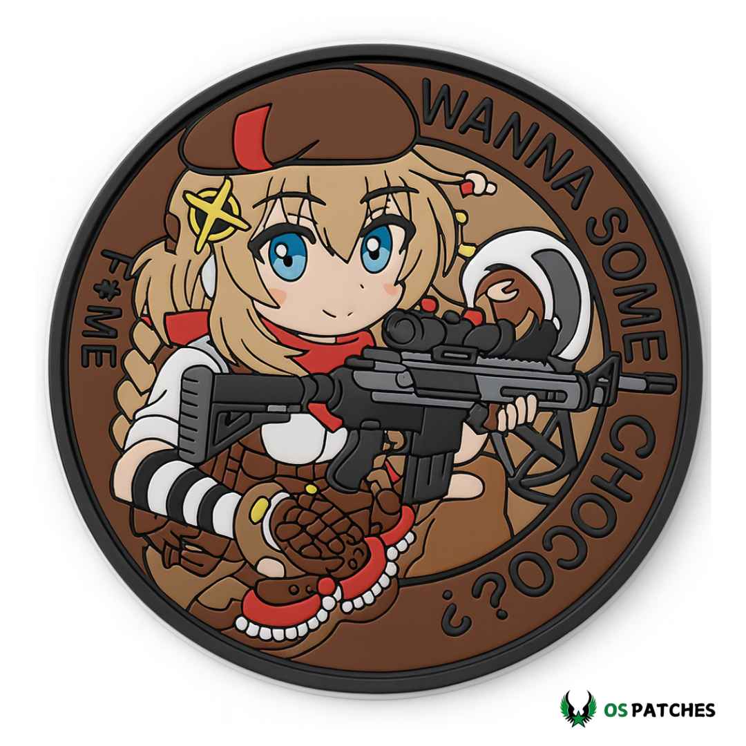 Parche PVC anime chica con rifle militar y temática de chocolate divertido