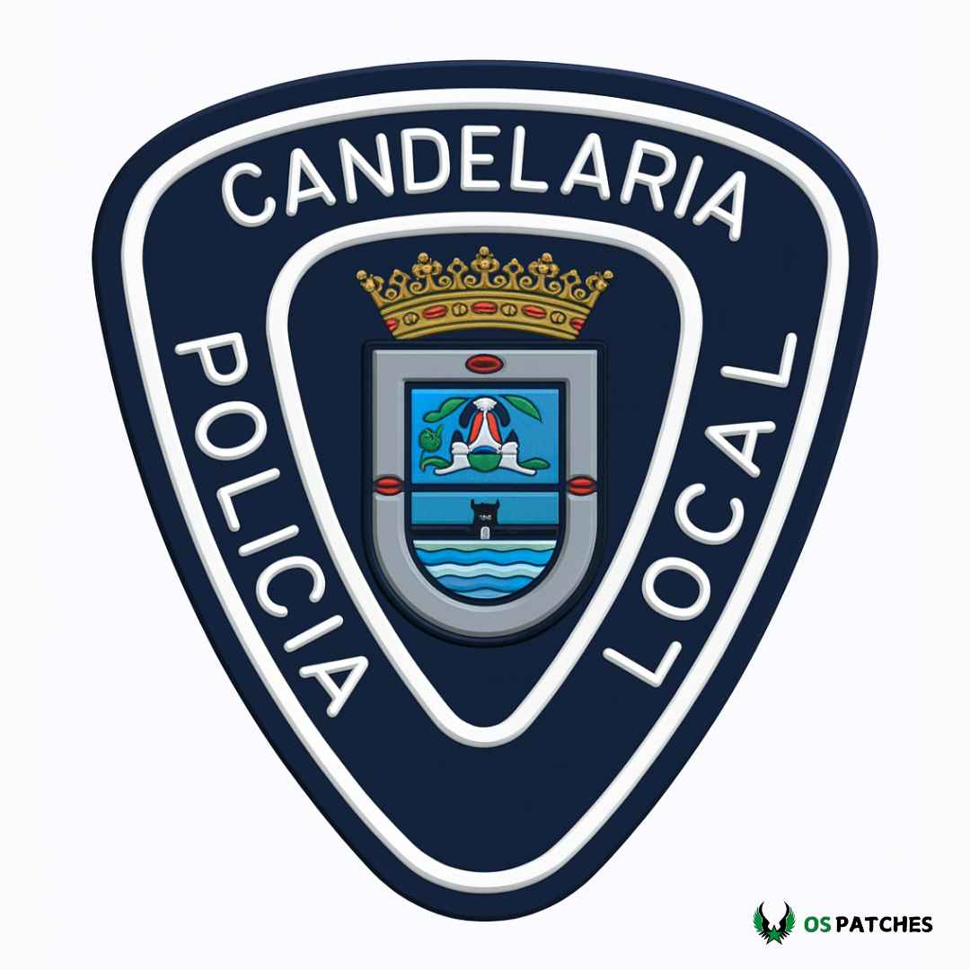 Parche Policía Local Candelaria PVC azul con escudo municipal y corona dorada.