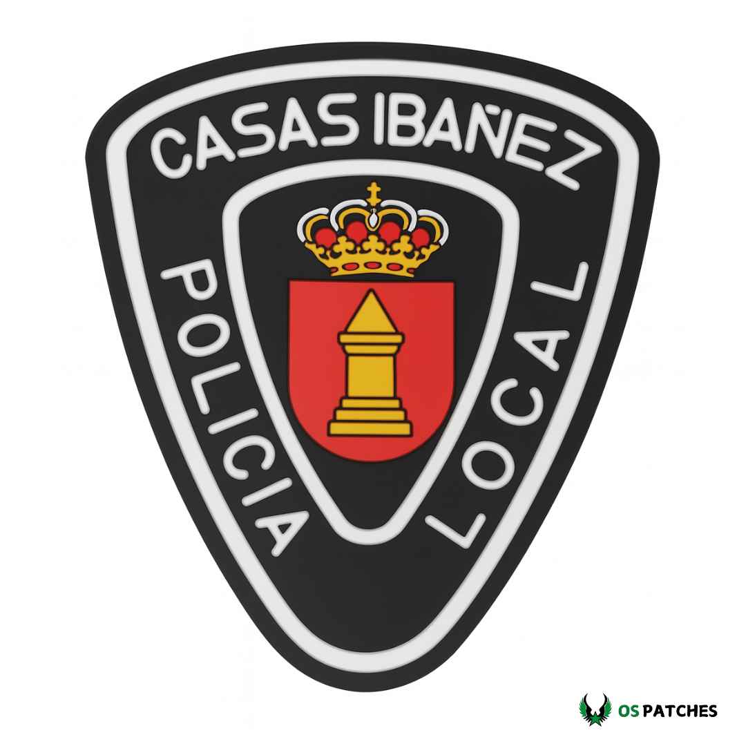 Parche Policía Local Casas Ibáñez PVC con escudo rojo y corona dorada.