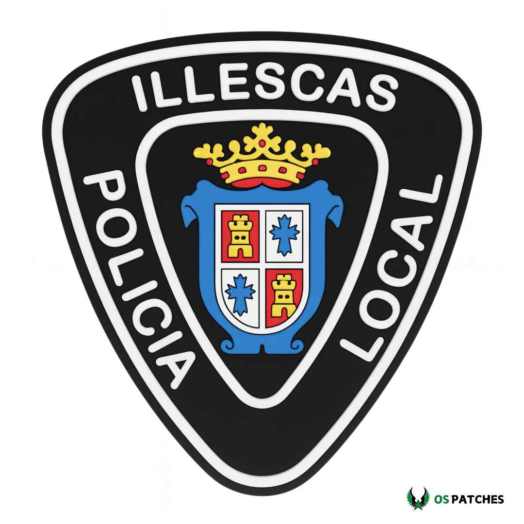 Parche Policía Local Illescas PVC negro con escudo heráldico azul y corona.