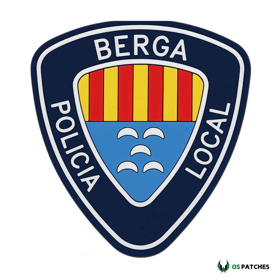 Parche Policía Local Berga PVC azul con escudo heráldico y franjas rojas.