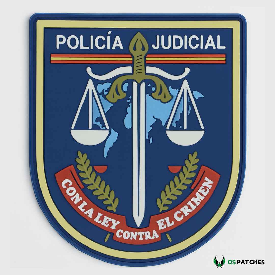 Parche Policía Judicial PVC España con espada, balanza y lema contra crimen.