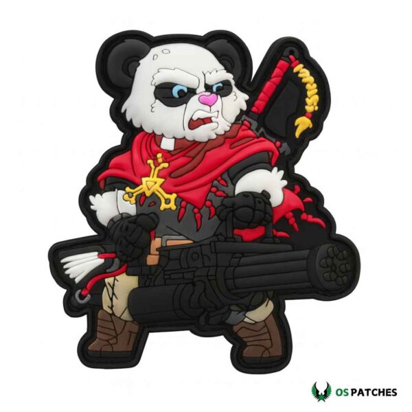 Parche PVC oso panda guerrero con ametralladora, capa roja y mirada feroz