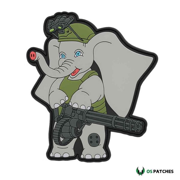Parche PVC elefante táctico con casco verde, gafas nocturnas y ametralladora
