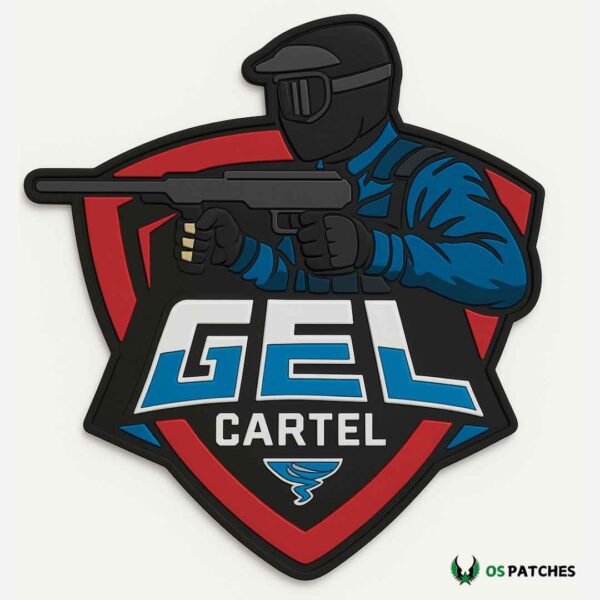 Parche PVC jugador Gel Blaster con arma, casco y escudo rojo azul