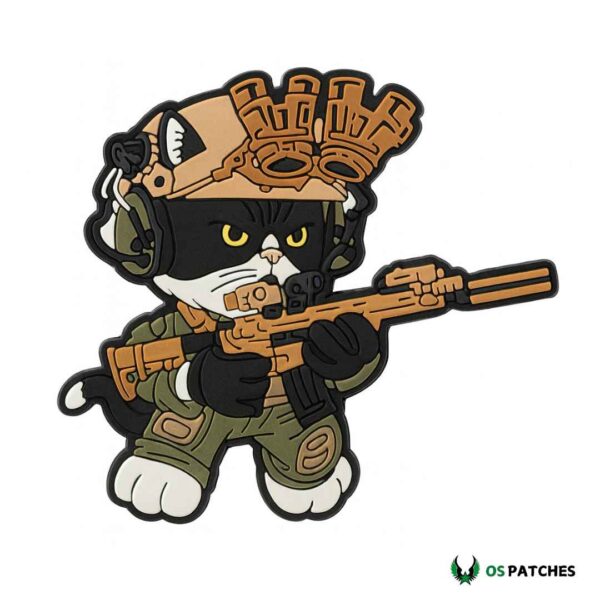 Parche PVC gato francotirador con casco táctico, visor nocturno y rifle