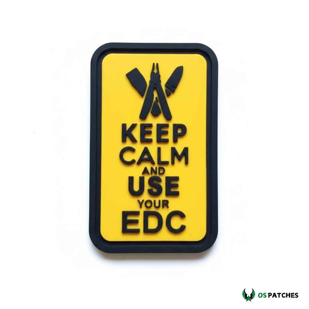 Parche PVC amarillo con texto en relieve “Keep Calm and Use Your EDC” y herramientas tácticas en la parte superior.