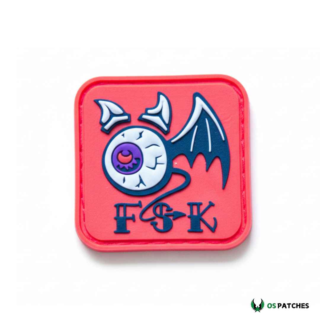 Parche PVC rojo con diseño de ojo alado y letras FSK en relieve 3D.