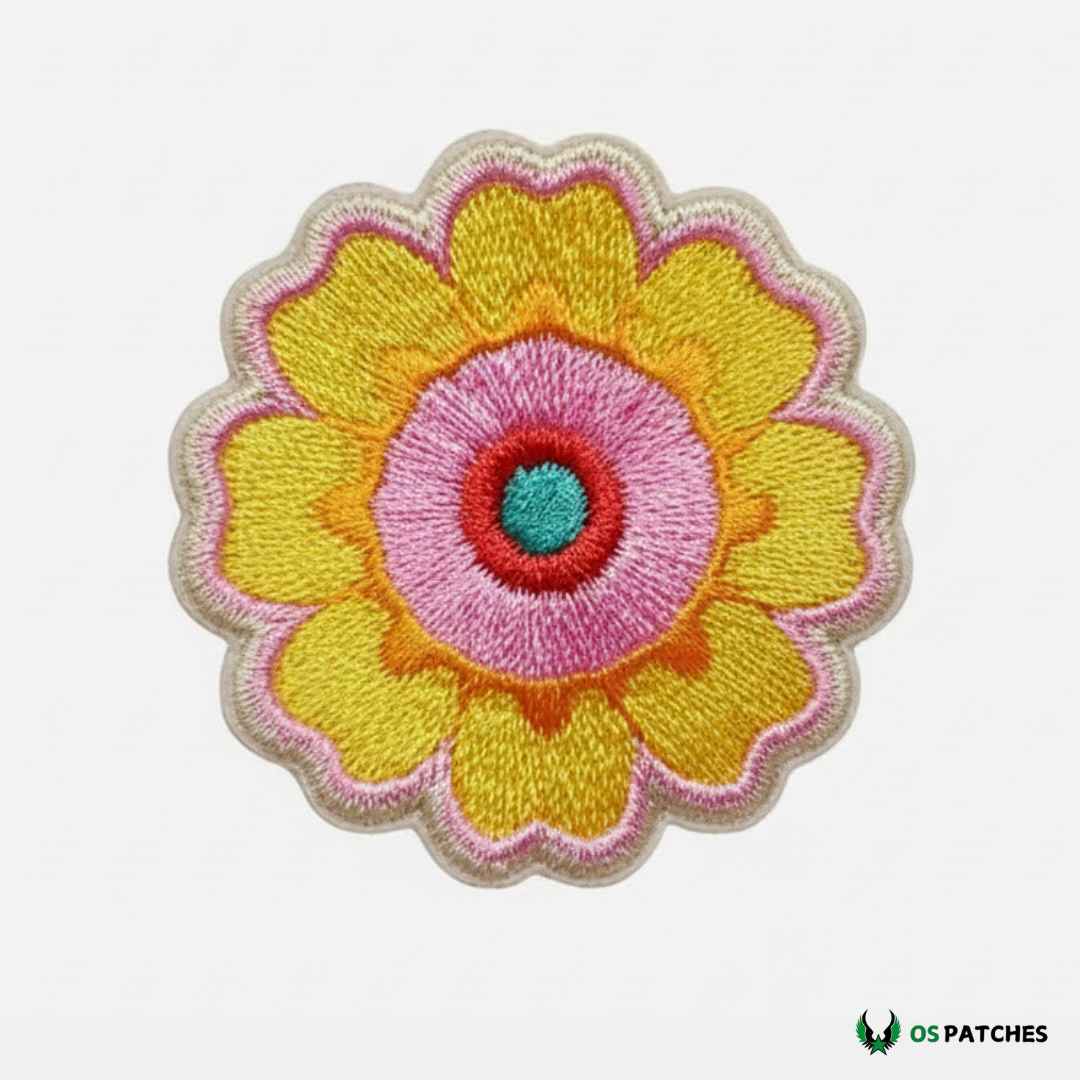 Parche bordado con diseño de flor amarilla, rosa y centro azul, ideal para decorar ropa y accesorios.