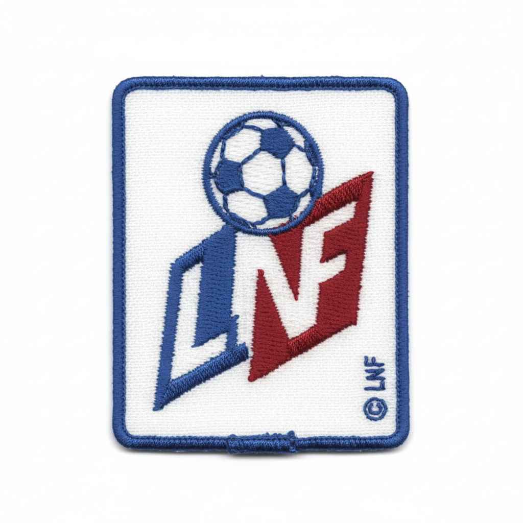 Parche bordado LNF con logotipo en azul, rojo y blanco con balón de fútbol en la parte superior.