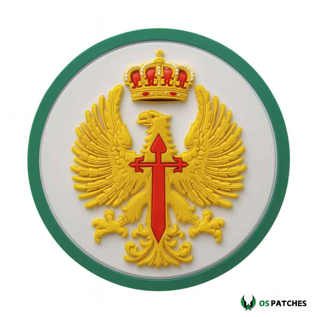 Parche PVC militar redondo con águila dorada, cruz roja y corona