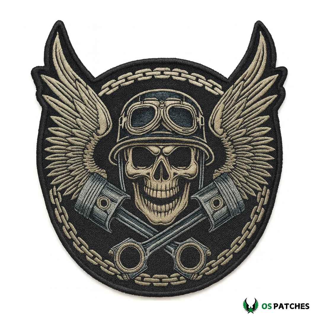 Parche bordado biker calavera con casco, alas y pistones cruzados metálicos