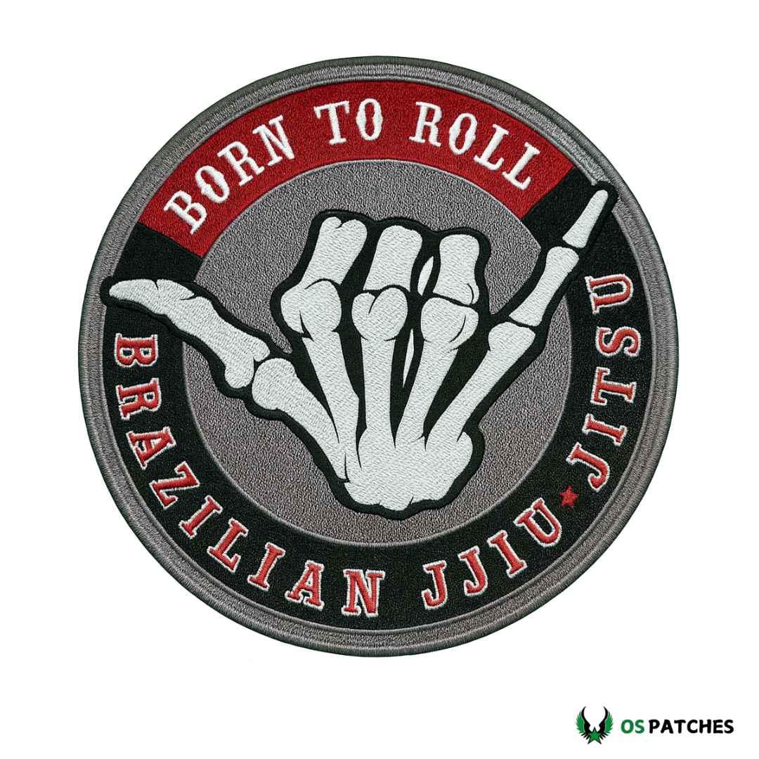 Parche bordado circular Born to Roll Brazilian Jiu-Jitsu con mano esquelética