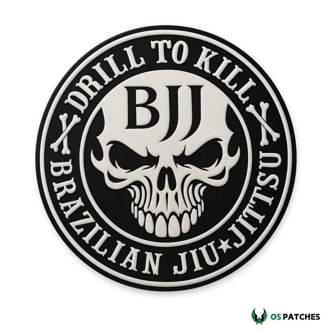Parche bordado circular negro blanco con calavera y texto Brazilian Jiu-Jitsu